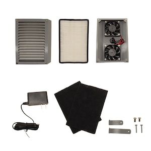 May include: A set of air purifier parts including a grey air filter housing, a white air filter, a grey housing with two fans, a black carbon filter, a power adapter, two grey brackets, and four screws.