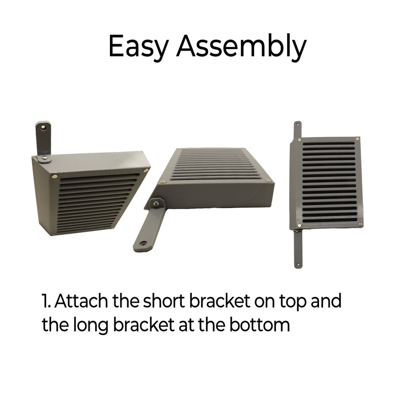 May include: Three metal brackets for assembling a product. The brackets are grey and have a slatted design. The text "Easy Assembly" is at the top of the image. The text "1. Attach the short bracket on top and the long bracket at the bottom" is at the bottom of the image.