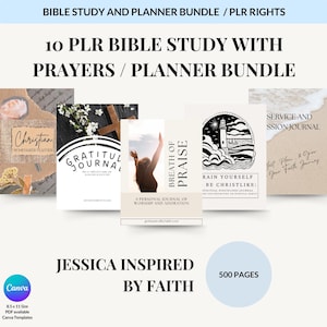 Op de afbeelding: Een digitaal pakket van 10 bijbelstudie- en gebedsplanners met diverse omslagontwerpen en teksten zoals Christian Homemaker Planner, Gratitude Journal, Breath of Praise en Service and Mission Journal. De set bevat in totaal 500 pagina's.