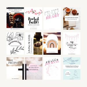 May include: A collage of 10 printable digital downloads for Christian devotional journals. The images feature various themes, including the full armor of God, rooted in faith, the Lord looks at the heart, autumn reflections, renewed daily, living water, the life and teachings of Jesus Christ, the creation story in 8 days, the prophets, and finding peace in prayer.