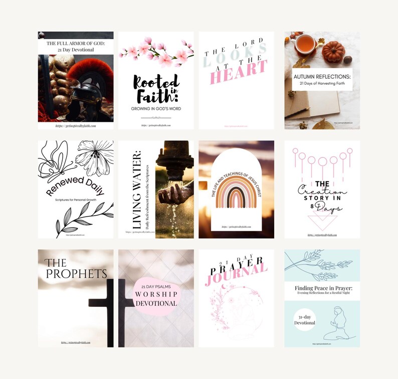 May include: A collage of 10 printable digital downloads for Christian devotional journals. The images feature various themes, including the full armor of God, rooted in faith, the Lord looks at the heart, autumn reflections, renewed daily, living water, the life and teachings of Jesus Christ, the creation story in 8 days, the prophets, and finding peace in prayer.