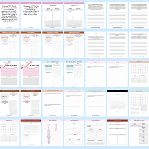 May include: A printable digital planner with a pink and brown color scheme. The planner includes daily scripture readings, Bible study notes, and monthly calendar pages. The text "Embracing Change" is visible on one of the pages.