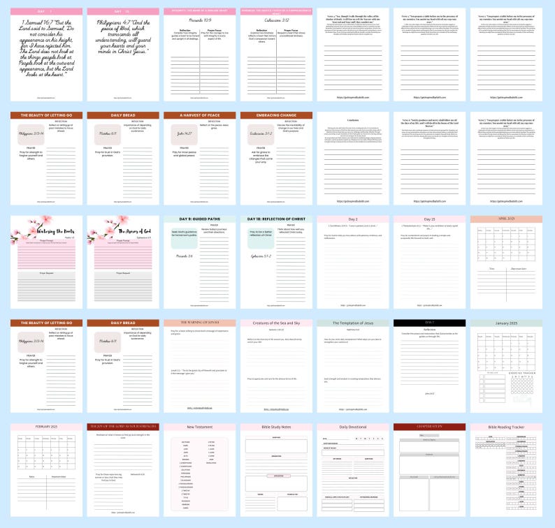 May include: A printable digital planner with a pink and brown color scheme. The planner includes daily scripture readings, Bible study notes, and monthly calendar pages. The text "Embracing Change" is visible on one of the pages.