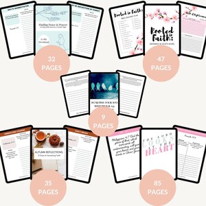 May include: A collection of digital printable journals with various themes, including "Rooted in Faith", "Finding Peace in Prayer", "Autumn Reflections", "Starting Your Day with Psalm 91", and "The Lord Looks at the Heart". Each journal features a unique design and includes the number of pages in the journal.