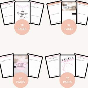 May include: Four digital planners with pink accents. The planners are titled "The Creation Story in 8 Days", "The Prophets", "21 Day Psalms Worship Devotional", and "21 Day Prayer Journal". Each planner has a page count listed below the title.