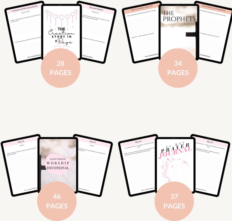 May include: Four digital planners with pink accents. The planners are titled "The Creation Story in 8 Days", "The Prophets", "21 Day Psalms Worship Devotional", and "21 Day Prayer Journal". Each planner has a page count listed below the title.