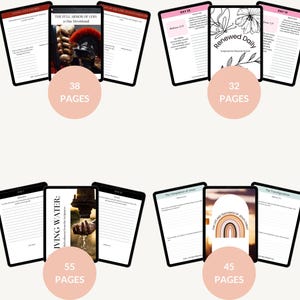 May include: Four digital planners with different themes and page counts. The first planner is titled "The Full Armor of God" and has 38 pages. The second planner is titled "Renewed Daily" and has 32 pages. The third planner is titled "Living Water" and has 55 pages. The fourth planner is titled "The Life and Teachings of Jesus Christ" and has 45 pages.