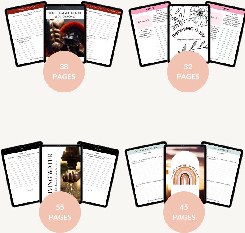 May include: Four digital planners with different themes and page counts. The first planner is titled "The Full Armor of God" and has 38 pages. The second planner is titled "Renewed Daily" and has 32 pages. The third planner is titled "Living Water" and has 55 pages. The fourth planner is titled "The Life and Teachings of Jesus Christ" and has 45 pages.