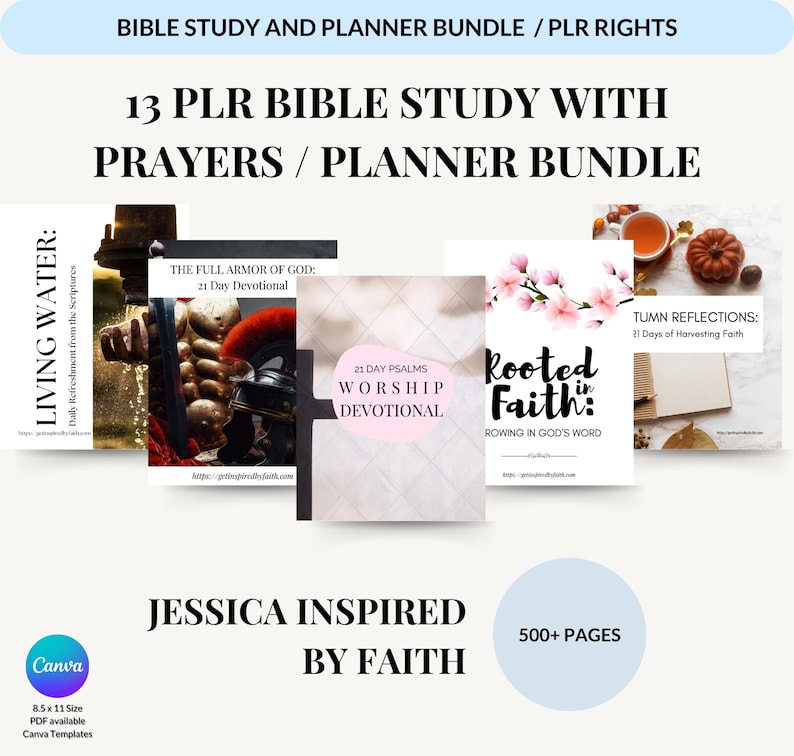 May include: A digital product bundle for Bible study and prayer, featuring 13 printable planners and devotionals. The bundle includes a variety of topics, such as the full armor of God, Psalms, and rooted faith. The image shows covers for the different planners, with titles and descriptions. The bundle is 500+ pages and is available in PDF format.