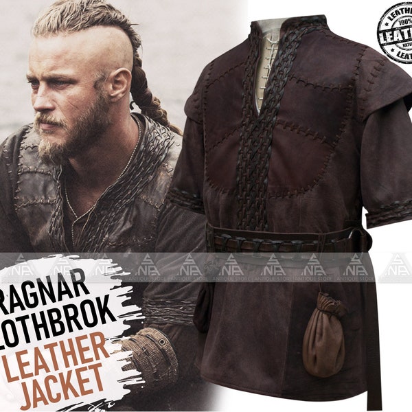 Viking Leather Jacket, Handmade Ragnar Lothbrok Leather Vest Jacket , Cosplay Costume Viking Ragnar Genuine Goat Skin Leather Vest