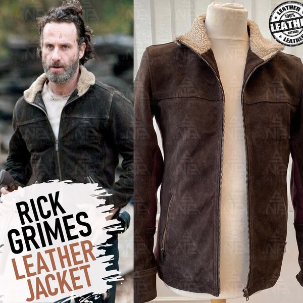 Veste en cuir The Walking Dead, veste en cuir suédée originale Rick Grimes, veste cosplay faite main Walking Dead avec col en fourrure, veste motard