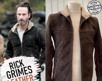 The Walking Dead Leather Jacket, Rick Grimes Original Suede Leather Jacket, Handmade Walking Dead Fur Collar Cosplay Jacket, Biker Jacket