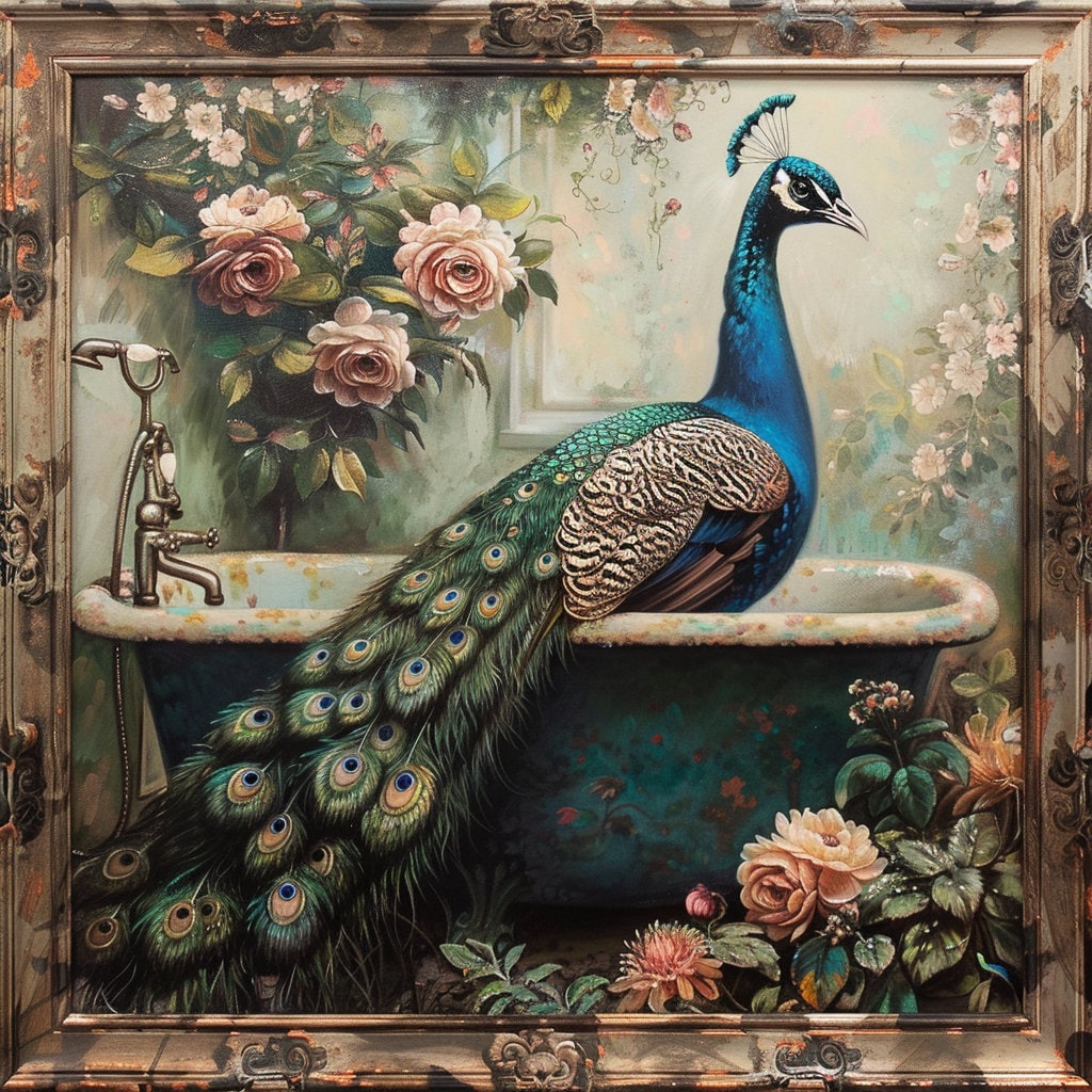Peacock in A Bathtub Tropical Bathroom Art Pink Maximalist Bathroom