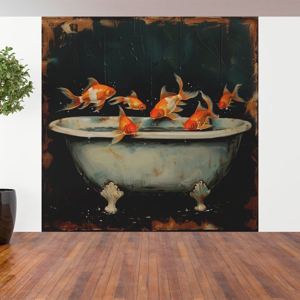 Golden Fish Wall Art, Canvas Or Poster, Bathroom Wall Decor, Fish Wall Decor, Animal Decor, Fish In Bathtub, Living Room Decor, kids decor