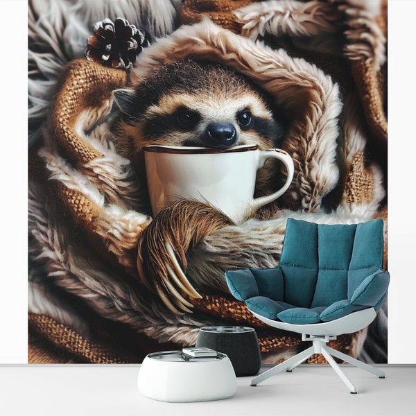 Sloth With Mug Art, Canvas Or Poster, Sloth Art, Cozy Home Decor, Whimsical Decor, Animal Wall Art, Living Room Decor, Contemporary Decor