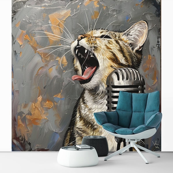 Cat With Mike Wall Art, Canvas OR Poster, Abstract Wall Art, Cat Wall Decor, Animal Decor, Contemporary Art, Minimalist Decor