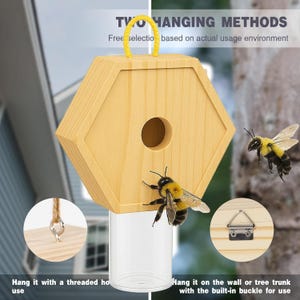Outdoor Carpenter Bee Trap – Pent Roof Wooden Hanging Trap for Effective Bee Capture – Durable Insect Trap with Removable Collection Vault