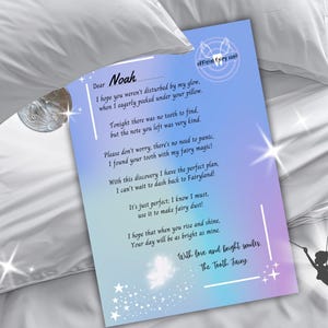 May include: A Tooth Fairy letter addressed to Noah, with a blue and purple gradient background. The letter includes text about finding a tooth and fairy magic, with a fairy silhouette and stars. The text reads "Dear Noah".