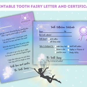 Carta e certificado da fada do dente para impressão azul | Download Digital Instantâneo | A4
