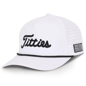 May include: White baseball cap with the word "Titties" embroidered in black script. The cap features a black rope detail and a small American flag patch on the side.
