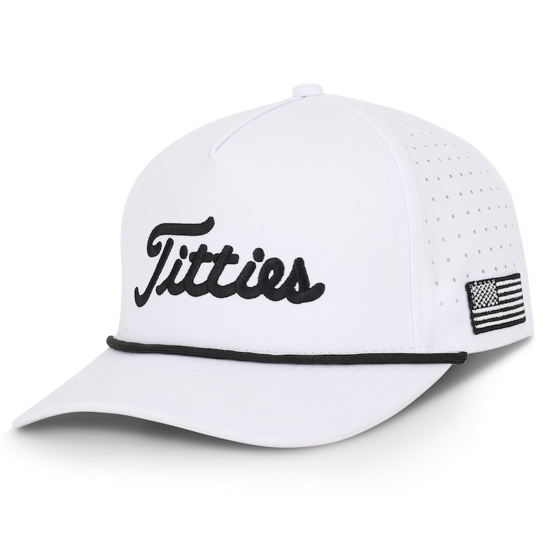 May include: White baseball cap with the word "Titties" embroidered in black script. The cap features a black rope detail and a small American flag patch on the side.