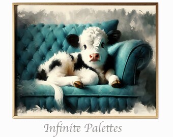 Repose in Teal: Whimsy of the Pastoral | Digital Downloadable Print Art | Baby Cow Art | Animal Art