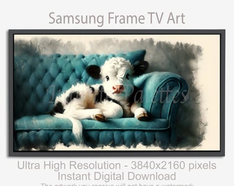 Samsung Frame TV Art | Calf On a Couch Oil Painting Style Samsung Frame TV Art | Repose in Teal: Whimsy of the Pastoral