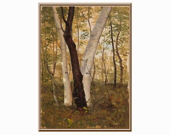 Könnte beinhalten: Ein Gemälde, das eine Waldszene mit hohen, weißen Birken und einem einzigen dunklen Baum in der Mitte zeigt. Die Bäume sind von grünem Laub umgeben und der Boden ist mit braunen Blättern bedeckt.