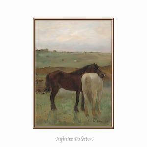 Paarden in een weide | Afdrukbare muurkunst | Downloadbare vintage kunst | Paardenkunst | Paardenkunst | Paardensport | Paarden kunst aan de muur, digitale kunst