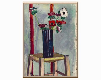 May include: A painting of a still life featuring a bouquet of red and white anemones in a dark blue vase on a wooden stool. The background is a light blue with red and white vertical stripes.