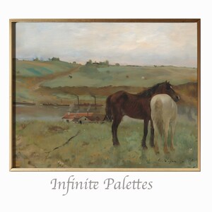 Paarden in een weide | Digitale downloadbare muurkunst | Downloadbare vintage kunst | Paardenkunst | Paardenkunst | Paardensport | Paarden kunst aan de muur