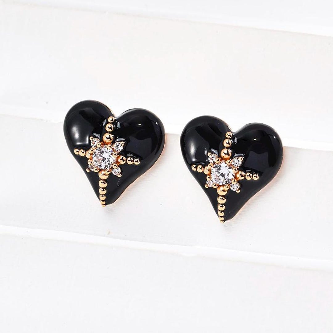 ☆人気☆【VINTAGE HOLLYWOOD】☆Black Heart Stone Earring.s☆ Black Heart Onyx, Crystal & Sterling Earrings Beautiful