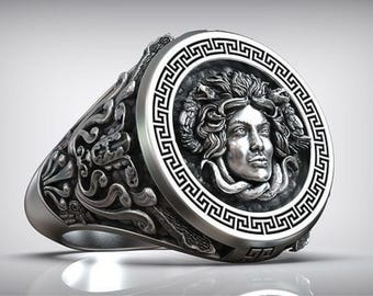 925シルバー製メデューサ・ゴルゴンリング、神秘的なギリシャ神話