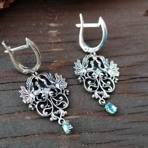 Slavic Pagan Jewelry, Slavic mythology earings, handcrafted silver earings with phianites "Firebird Alatyr"