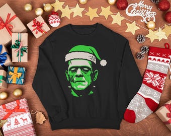 Frankenstein Christmas Sweatshirt, Horror Holiday Crewneck, Monster Santa Hat Sweater, Gothic Xmas Gift, Spooky Season Pullover