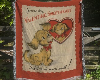 Vintage Puppy Valentine Blanket – 1950s Woven Throw, 50x60