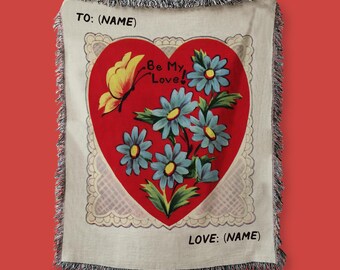 Personalized Vintage Valentine Woven Blanket – Retro Heart & Flowers