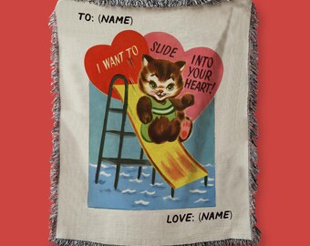 Personalized Vintage Valentine Woven Blanket – Kitten Swimming Pool Art