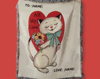 Customizable Vintage Kitty Cat Woven Blanket – Valentine's Day Gift