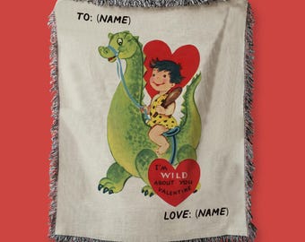 Personalized Retro Dinosaur Valentine Blanket - 1950s Woven Tapestry