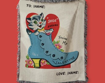 Personalized Vintage Valentine Woven Blanket – Retro Cat Shoe Decor