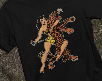 Vintage Pinup Jaguar T-Shirt, Retro 1950s Pin Up Girl Tee, Jungle Cat Warrior Design, Rockabilly Fashion Shirt, Tattoo Style Graphic Apparel