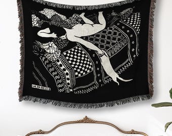 Art Nouveau Throw Blanket – La Paresse Black and White Woven Decor Dark Academia