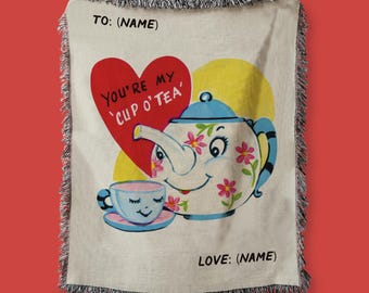 Personalized Valentine Blanket – Vintage Teapot & Teacup Art Tapestry