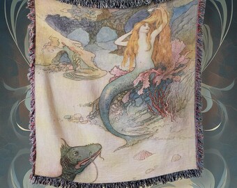 Mermaid Tapestry Blanket - Vintage Art Nouveau Woven Throw (50x60 in)