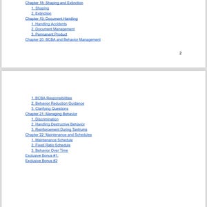 Może przedstawiać: Strona z książki z tabelą treści, w kt&oacute;rej wymienione są rozdziały dotyczące temat&oacute;w związanych z zarządzaniem zachowaniem, w tym zanikanie podpowiedzi, kształtowanie, wygaszanie, podpowiedzi i uwaga, zarządzanie dokumentami oraz obowiązki BCBA.