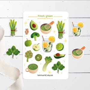 Feuille d'autocollants verts frais, autocollants légumes, autocollants détox, autocollants verts, autocollants planificateur, autocollants végétariens, autocollants aliments sains