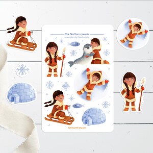 Puede incluir: Una hoja de pegatinas con ilustraciones de personas con ropa tradicional, iglús y otras escenas árticas. Las pegatinas se titulan "The Northern People - cute stickers by Katerina Arts".