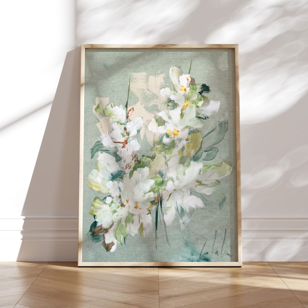 Soft Green Art Print, Japanese Wall Art, Japanese Flowers, Abstract Floral Painting Print, Botanical Wall Art, Floral Art Print, Wall Decor