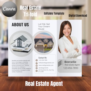Folheto de três dobras sobre imóveis, folheto de introdução para agricultura imobiliária, marketing de agente, carta de apresentação de corretor de imóveis, modelo Canva